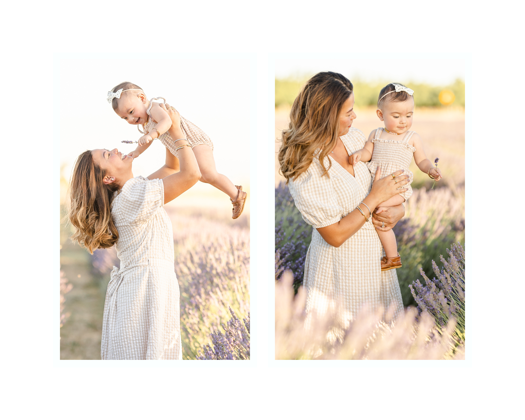 A mom and her baby in a lavender field